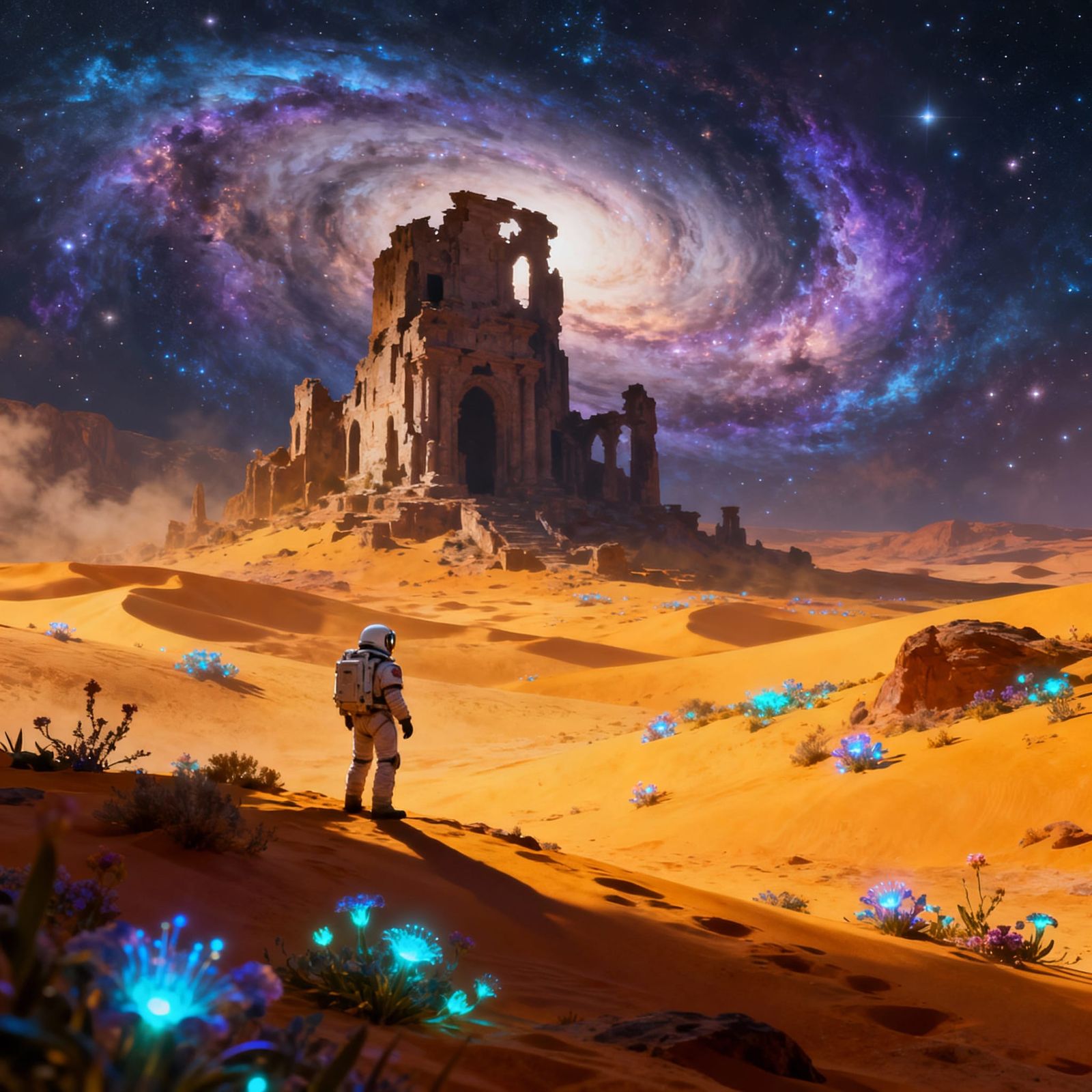 Astronaut Explores Alien Desert Ruin Under Nebula Sky