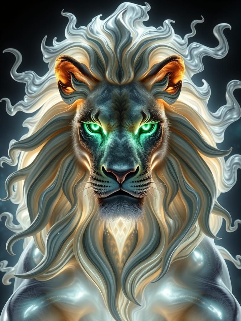 Celestial Lion with Fractal Mane in Alcohol Ink Style