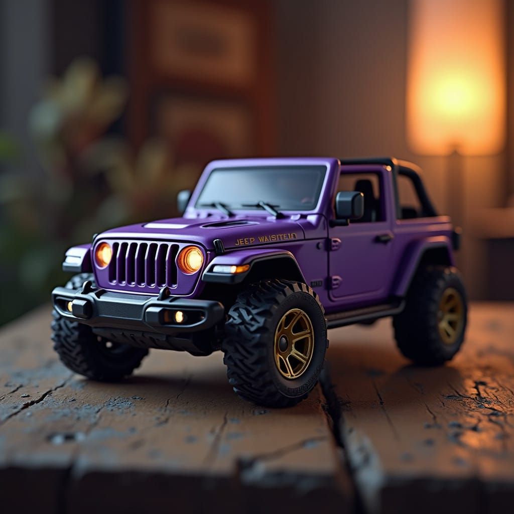 Purple Jeep Wrangler Matchbox Car on Wooden Table