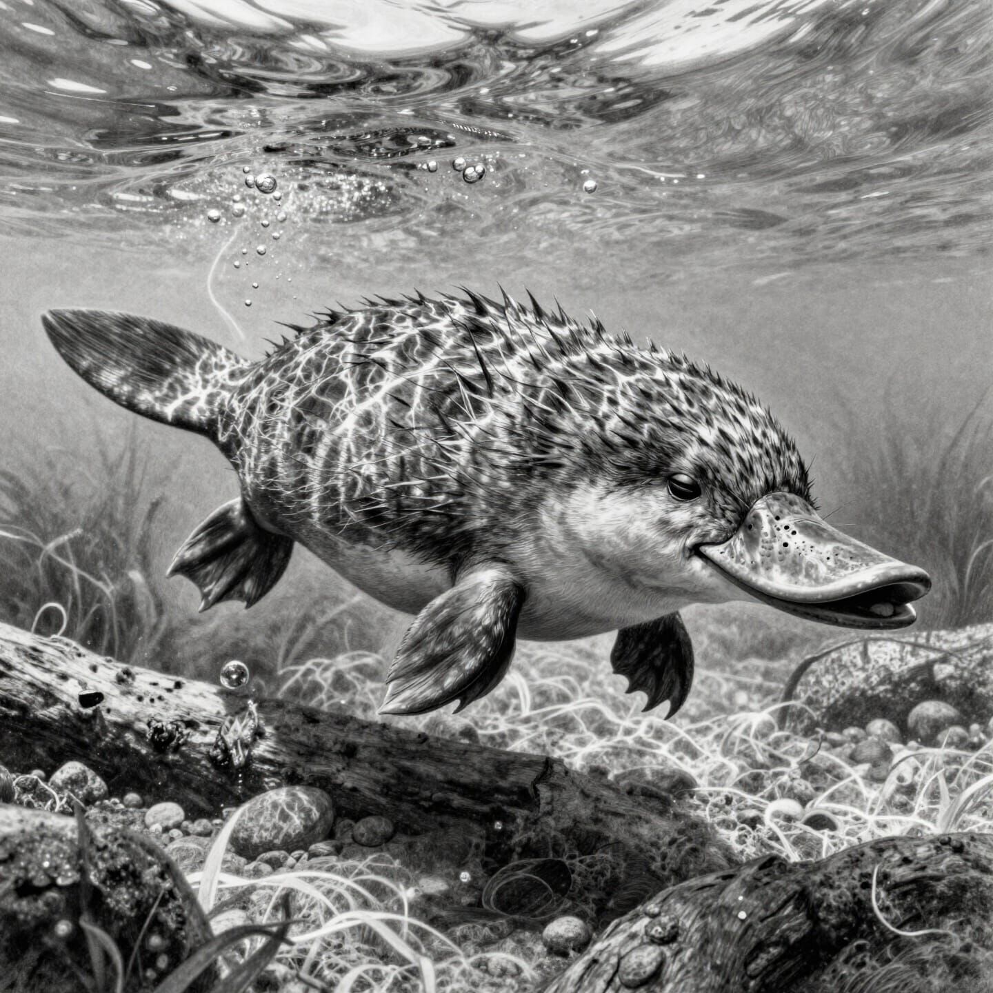 Detailed Graphite Drawing of a Platypus Underwater
