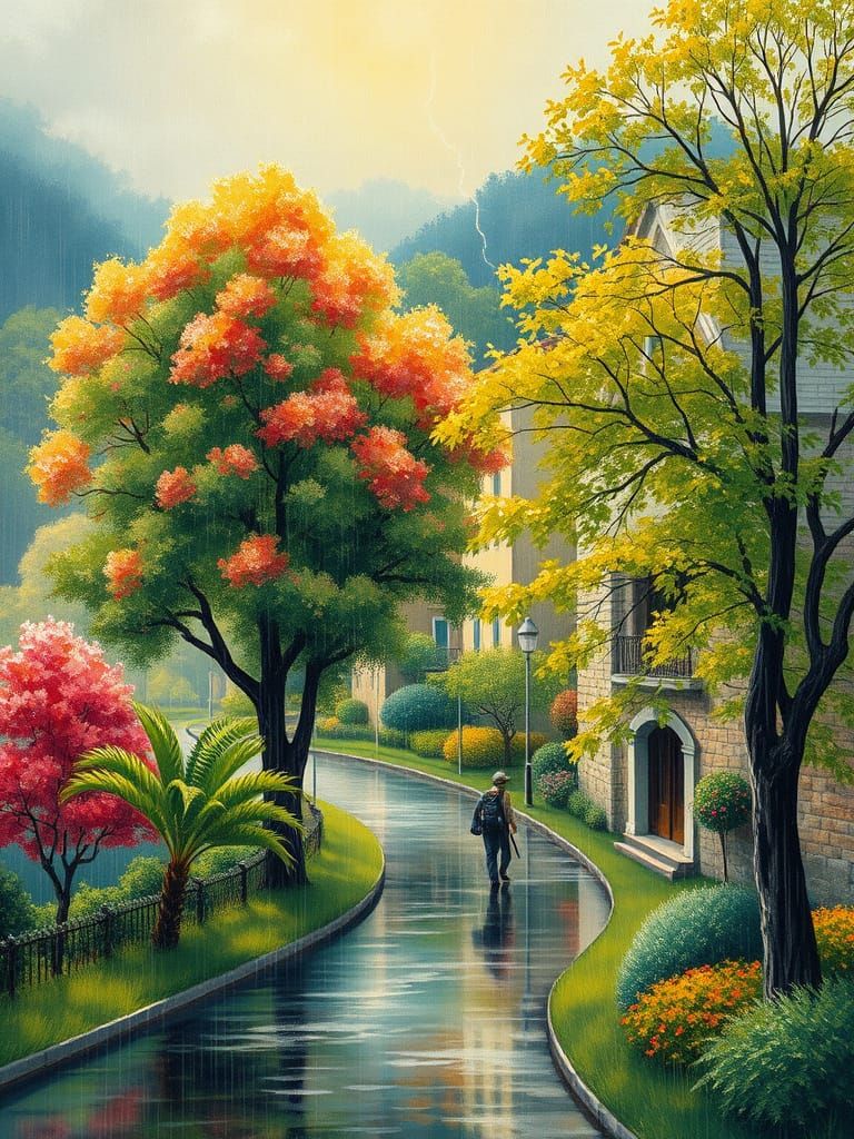 Rainy Village Scene in Impressionistic Watercolor Style