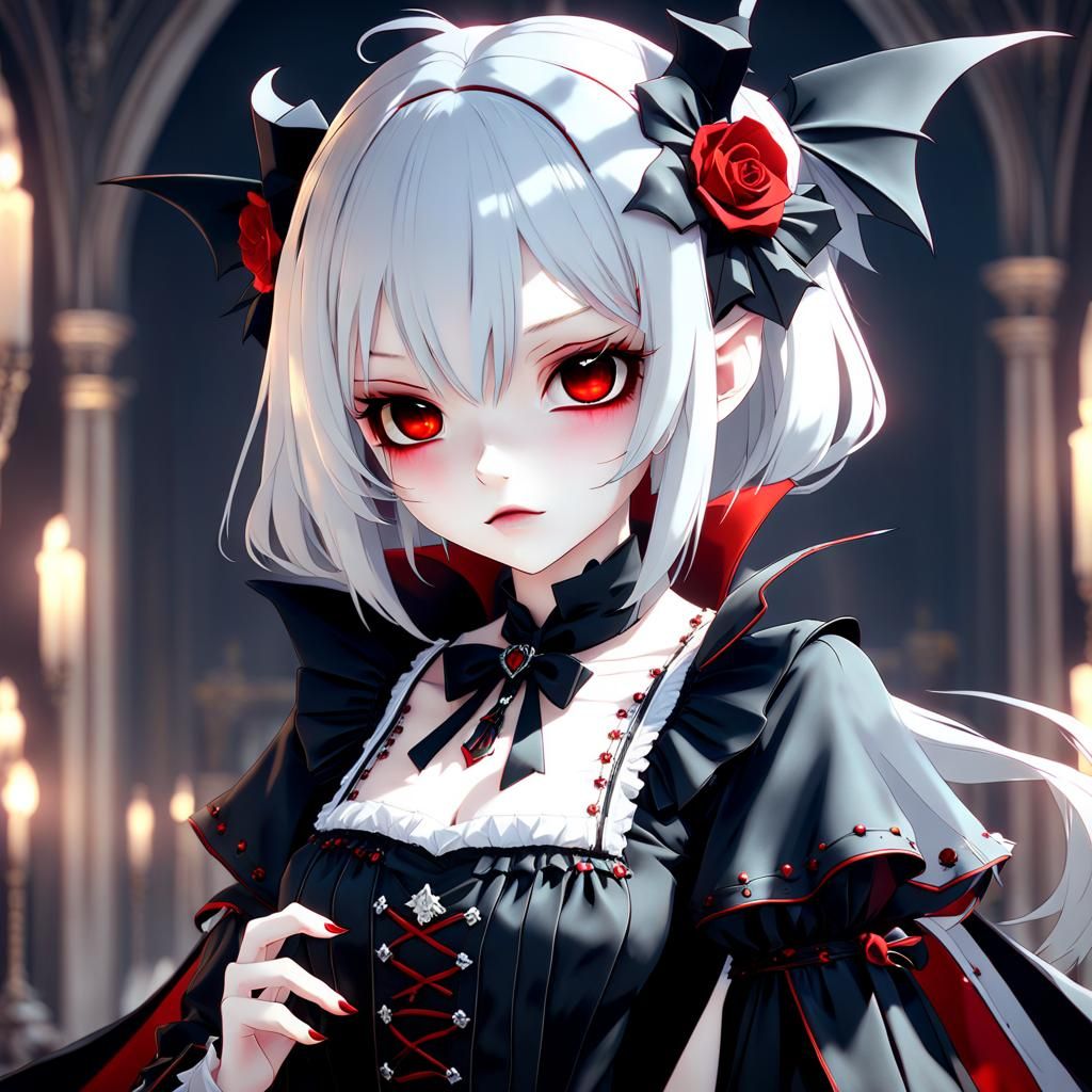 Cute Anime Vampire Girl in Gothic Lolita Style
