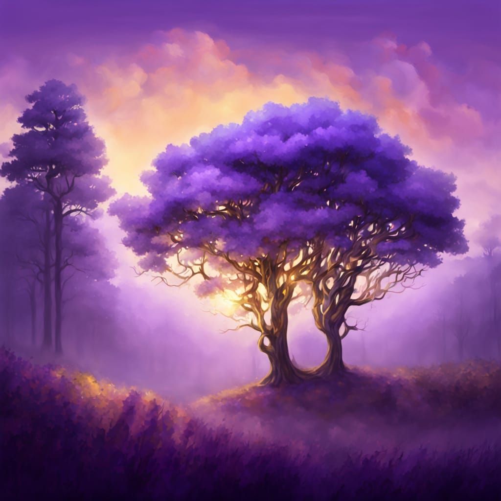 Mystical Forest at Sunset in Ethereal Oil Painting
