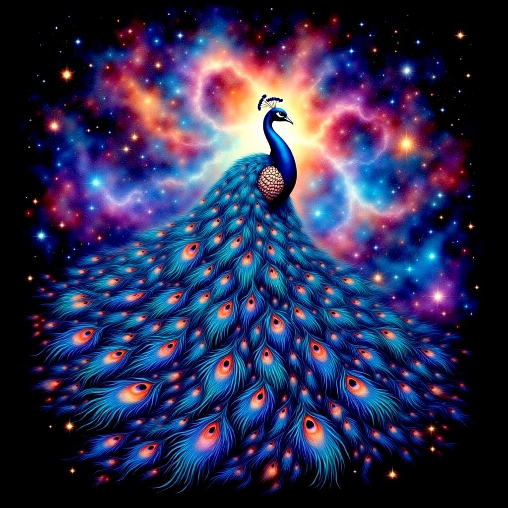 Whimsical Peacock with Galactic Tail Feathers
