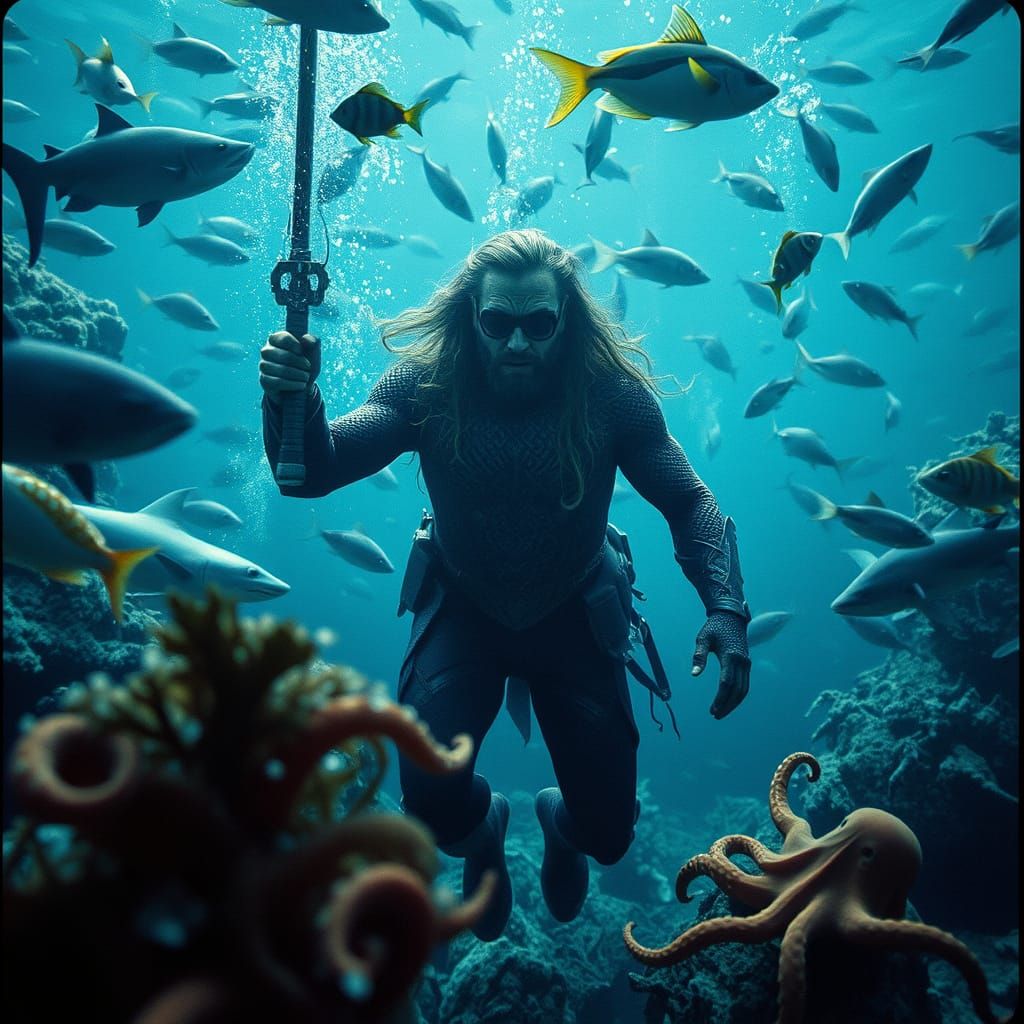 Aquaman Surrounded by Sea Creatures: Cinematic Film Still