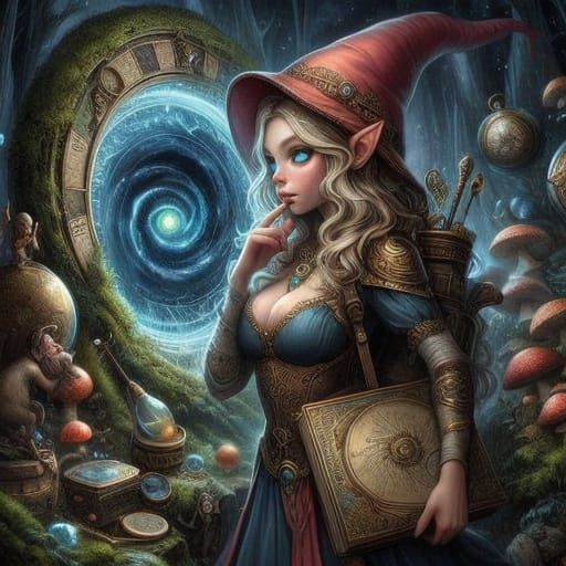 Fantasy Gnome Stands Before a Portal to Another World