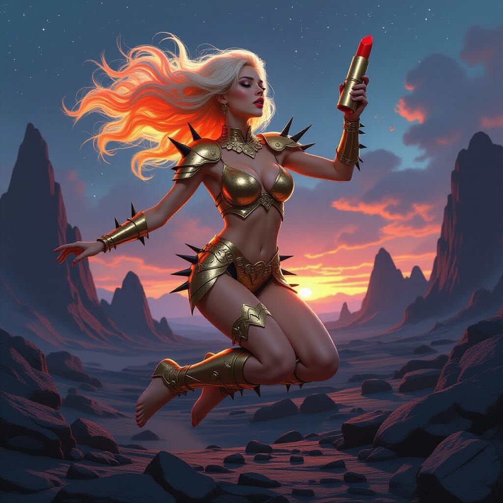 Woman in Fiery Armor Holds Giant Lipstick on Alien Planet