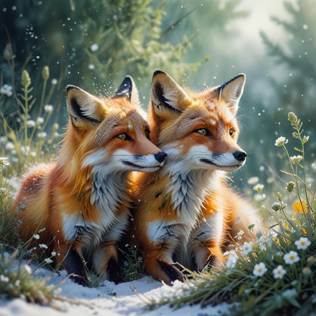 Painterly Foxes Beside Frosted Wildflowers