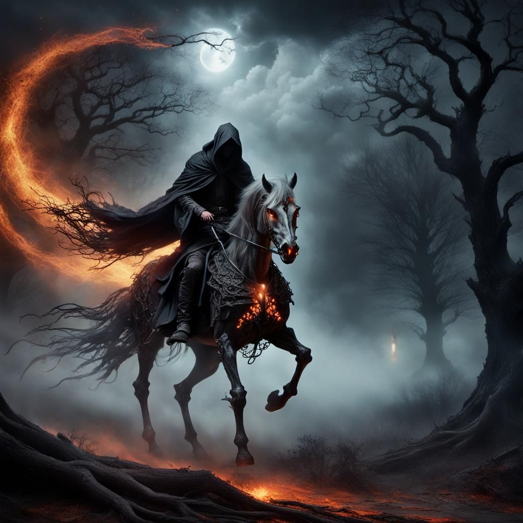 Spectral Horseman Amidst Dark, Surreal Visions