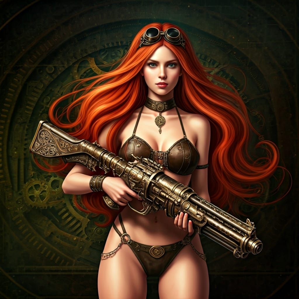 Steampunk Bikini Woman with Gun in City Noir Style