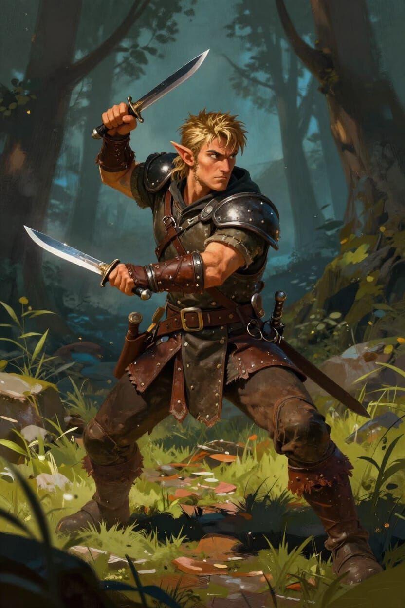 D&D Halfling Scout Throws Knives in Forest Clearing