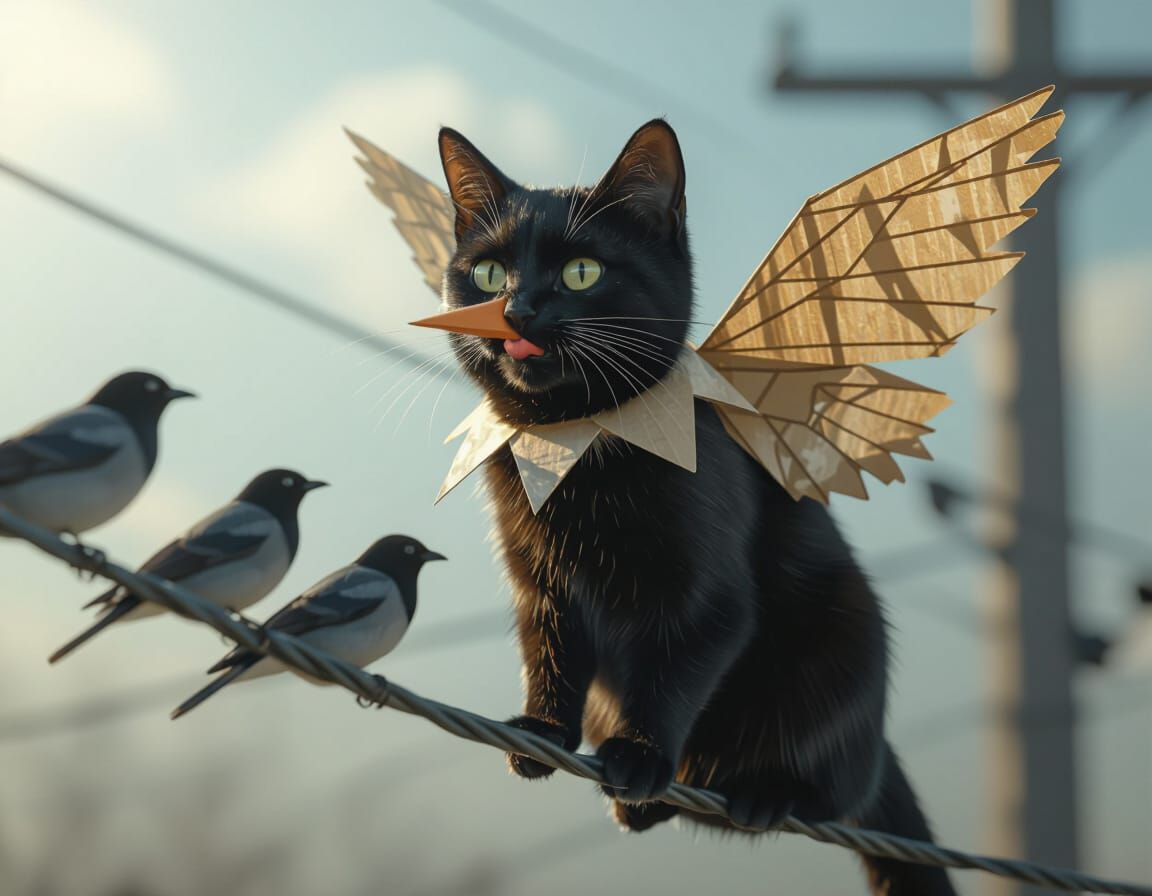 Photorealistic Cat with Paper Wings on Power Line