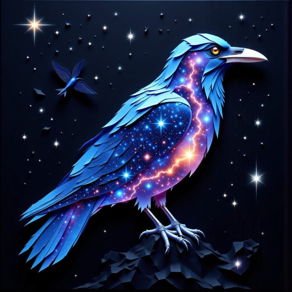 Origami Raven Silhouette Double Exposure with Galaxy