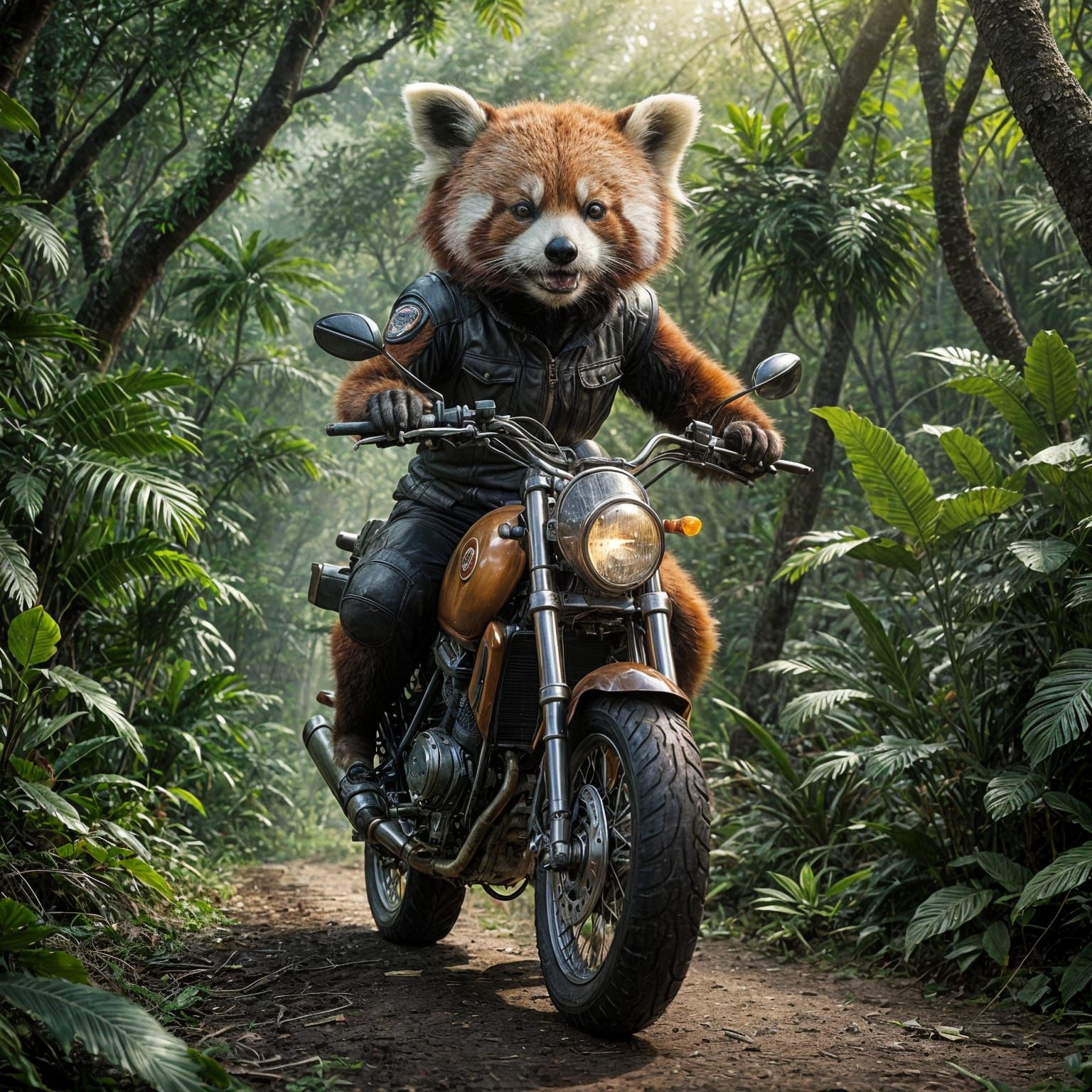 Red Panda Rides Motorcycle Through Jungle with Cinematic Lig...