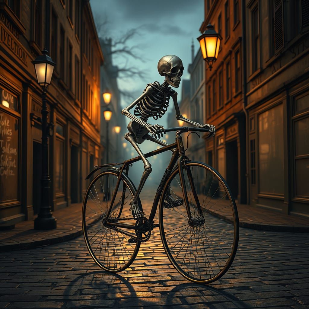 Steampunk Skeleton Rides Penny-Farthing Bicycle