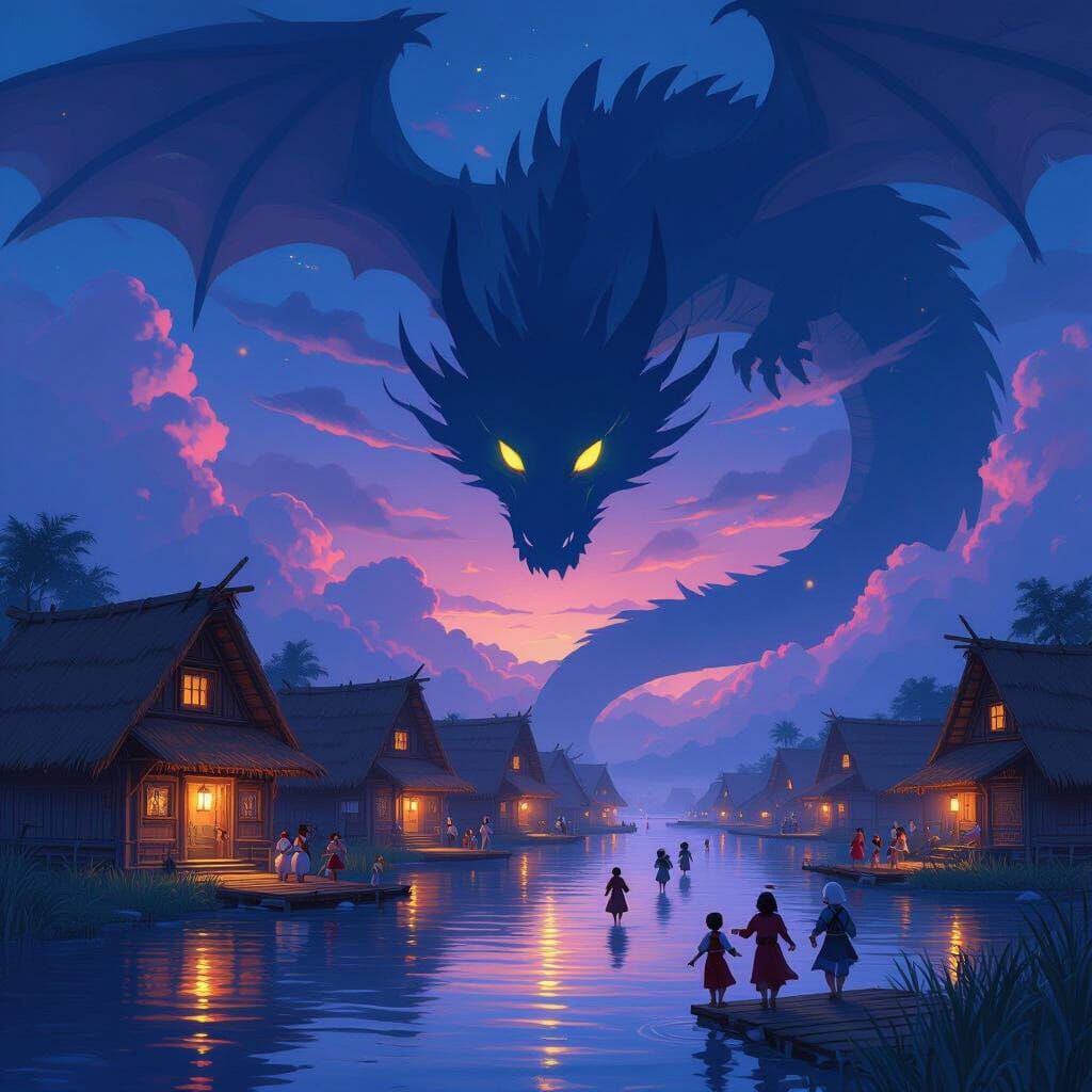 Dragon's Shadow Over Floating Village: Miyazaki-Inspired Sce...