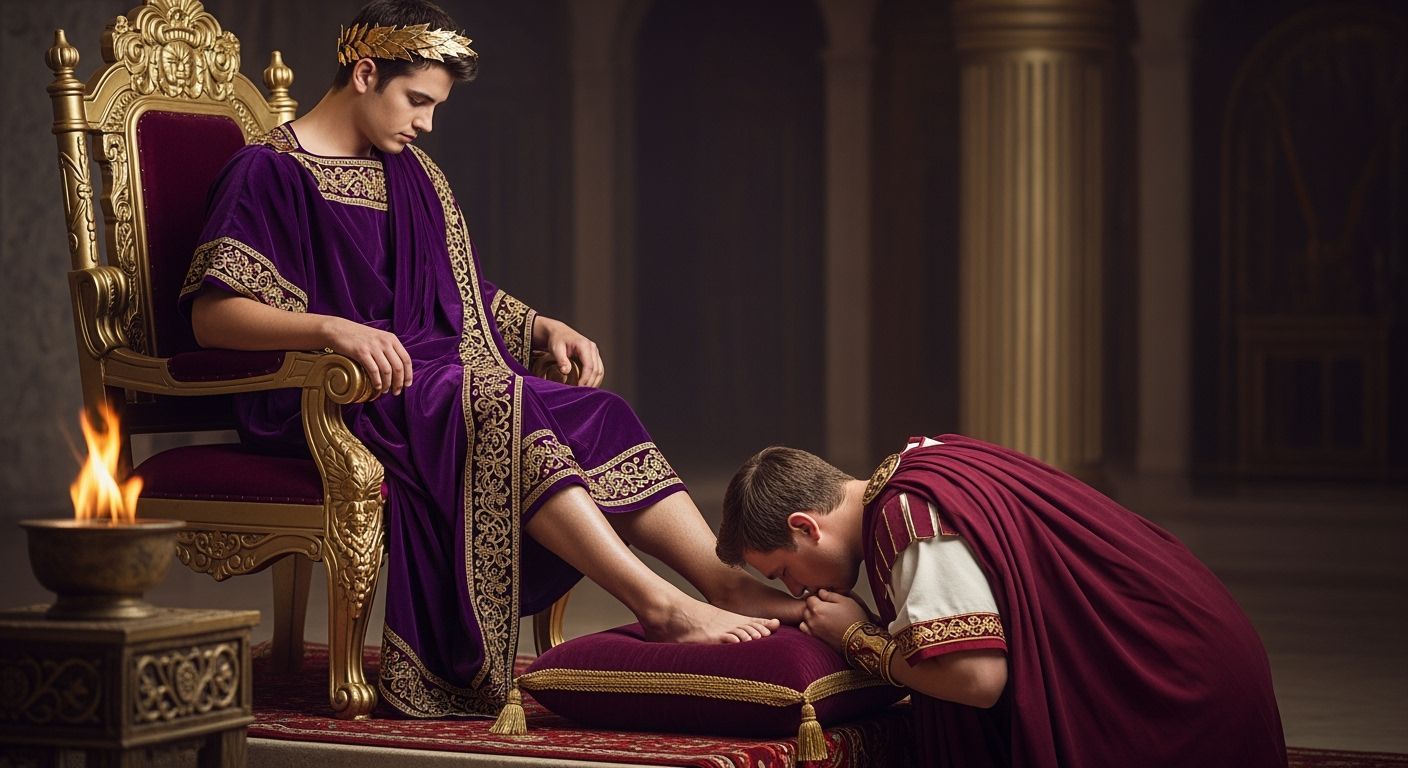 Young Emperor on Gold Throne in Roman Senator Scene