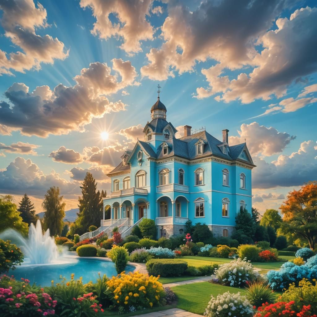 Light Blue Mansion Under Multicolored Sky