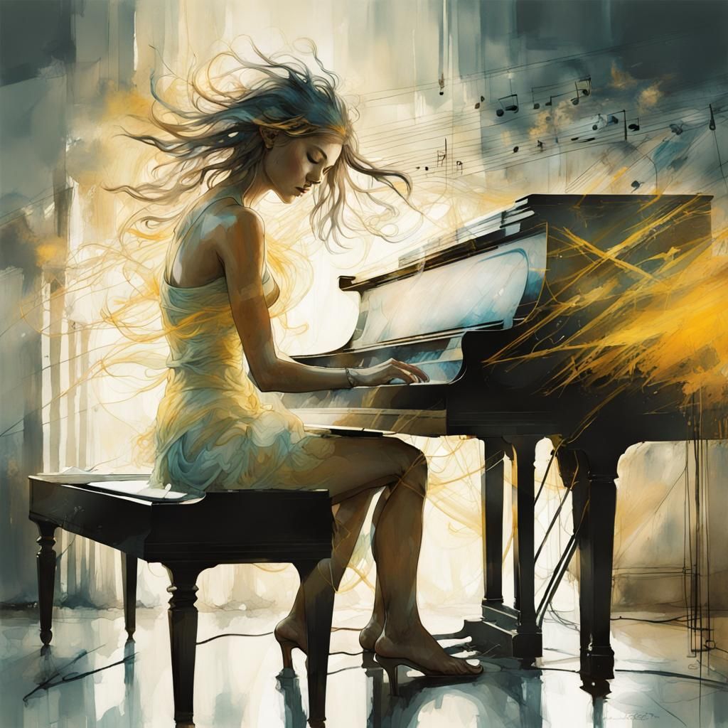 Sunshine Pianist in Watercolor Style with Double Exposure