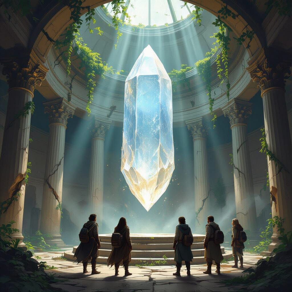 Adventurers Discover Floating Crystal in Ruined Temple