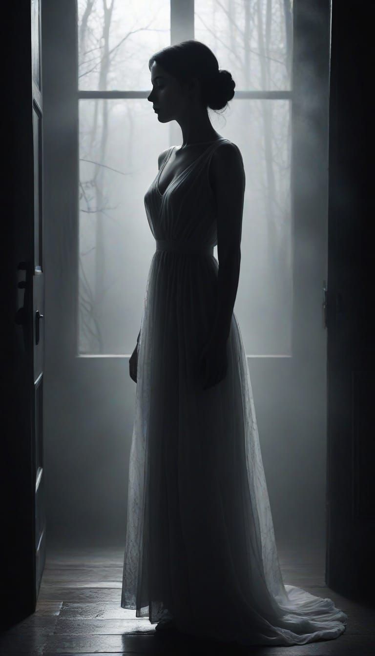 Ethereal Shadow Figure Mirrors Human Companion in Dark, Whim...