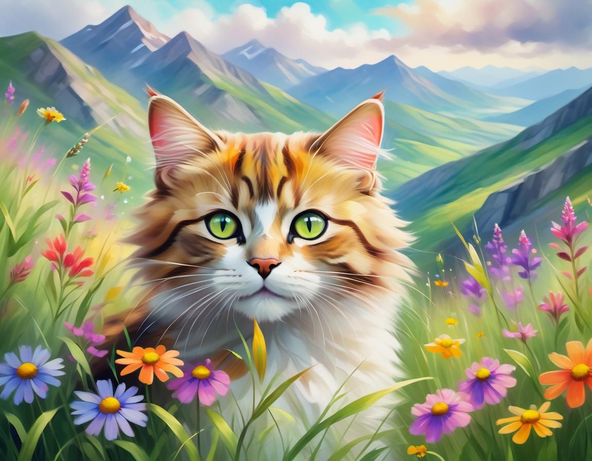 Cat in Mountain Meadow, Impressionist Painting