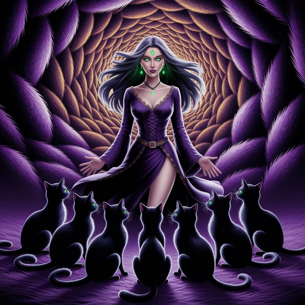 Confident Witch Surrounded by Black Cats in Deep, Fantastica...