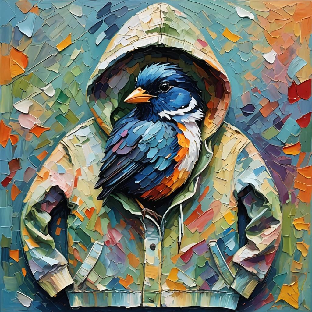 Small Bird in Hoodie: Expressionist Oil Painting