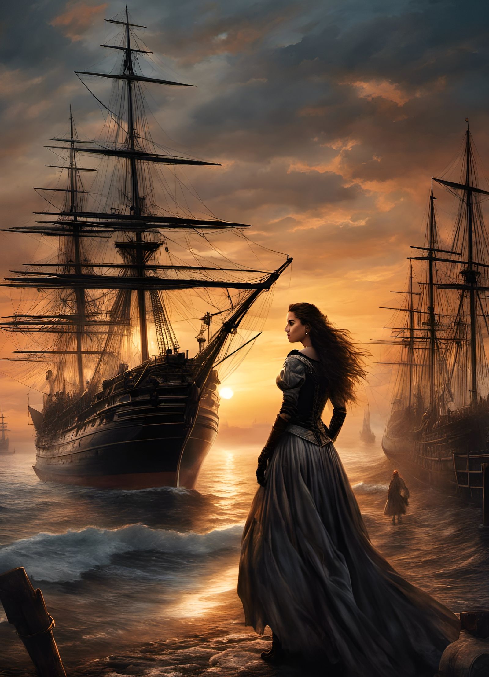 Adventurer in Port with Tall Ships: Dark Fantasy Art