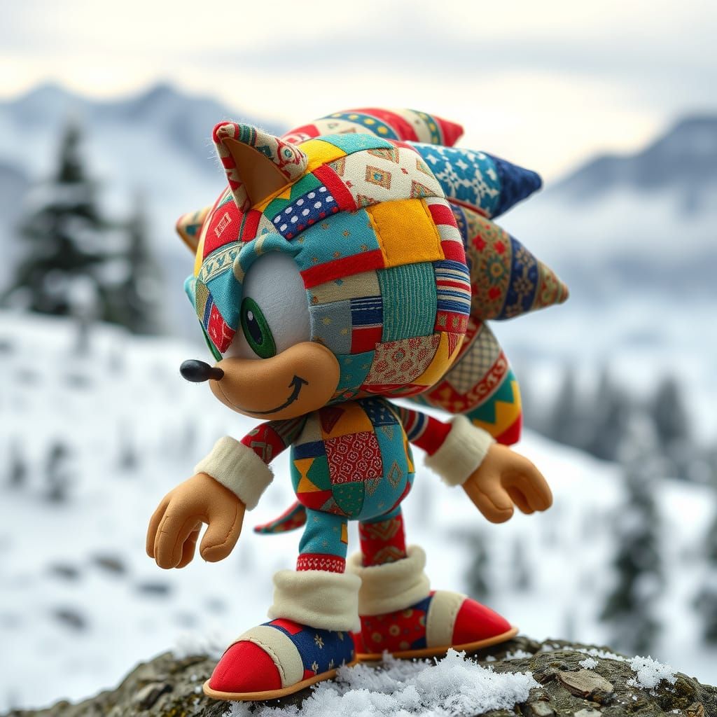 Sonic Hedgehog Figurine in Vibrant Patchwork Textiles