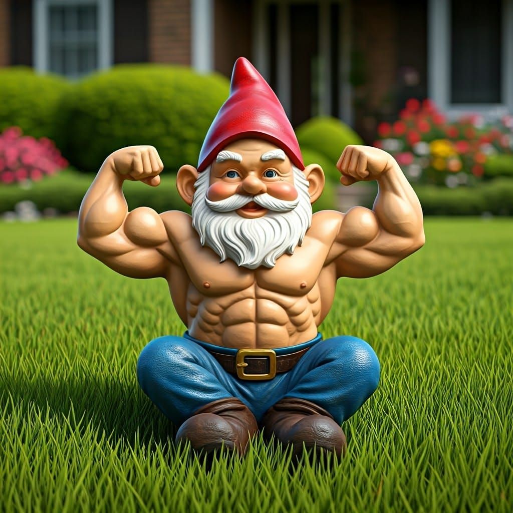 Muscular Garden Gnome Flexing in Suburban Yard