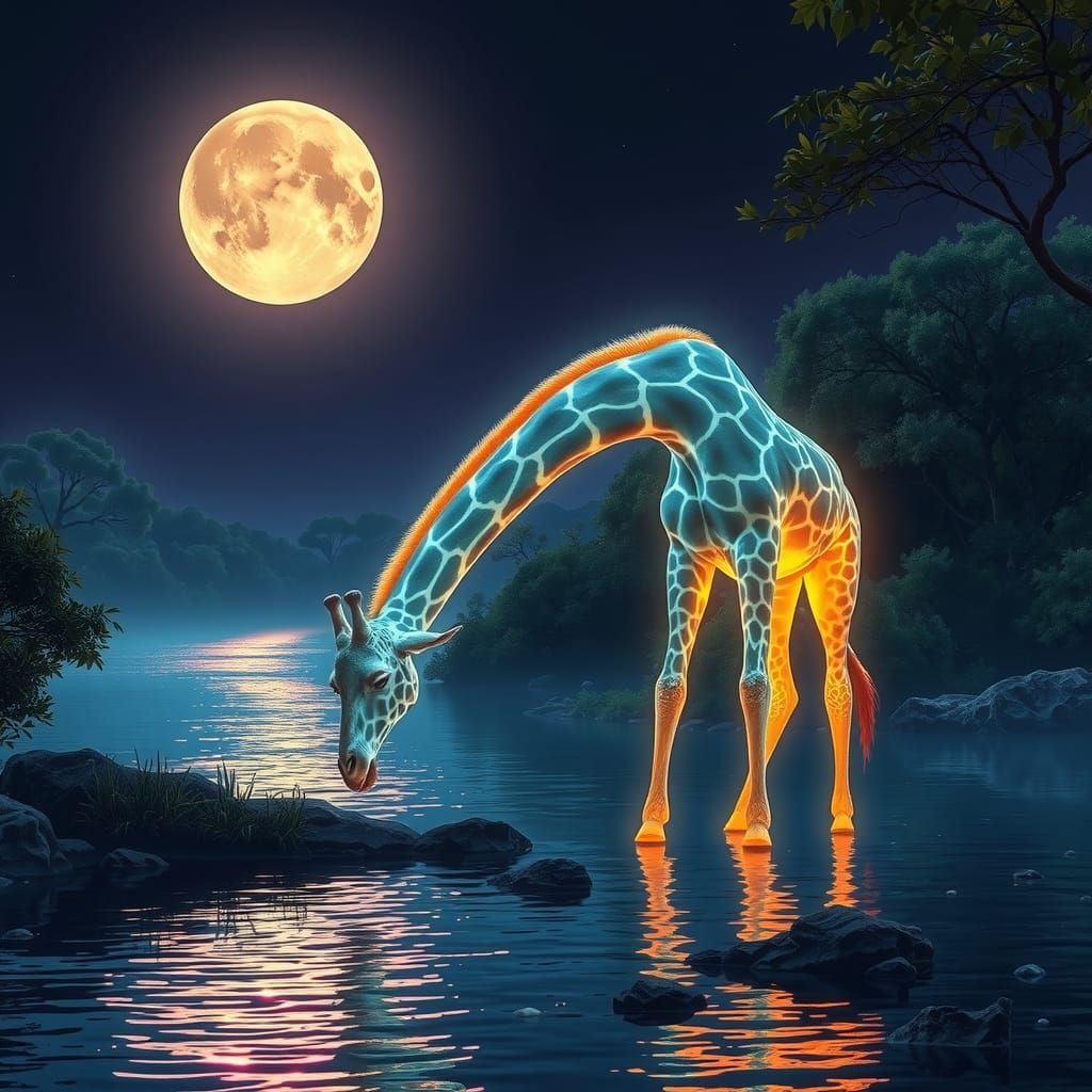 Bioluminescent Giraffe in Moonlit African River