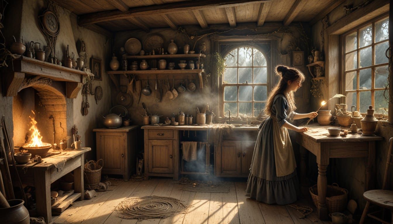 Young Witch Cleans Cottage With Magic in Storybook Style