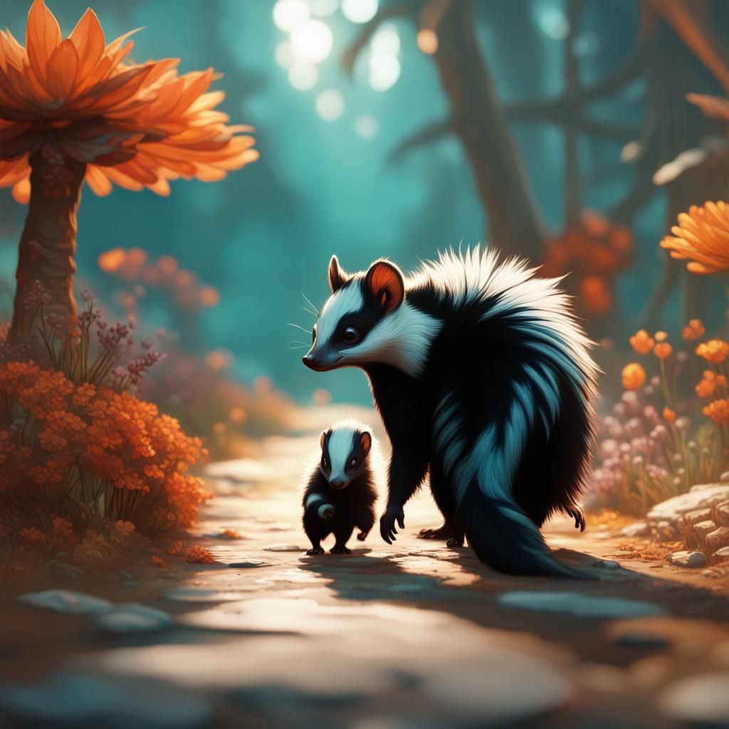 Skunk Family Concept Art in Orange and Teal