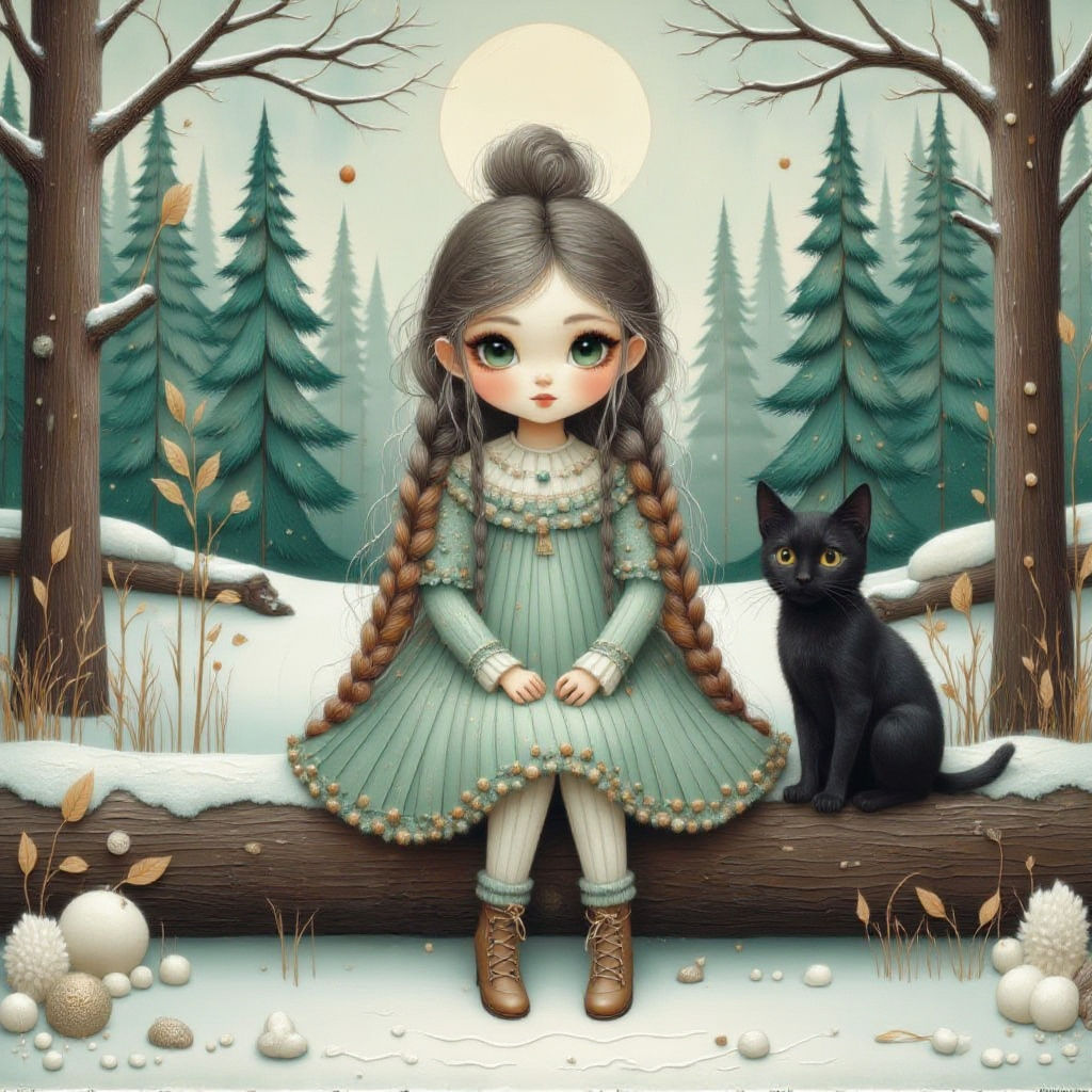 Girl in Winter Forest with Fox, Textured Style