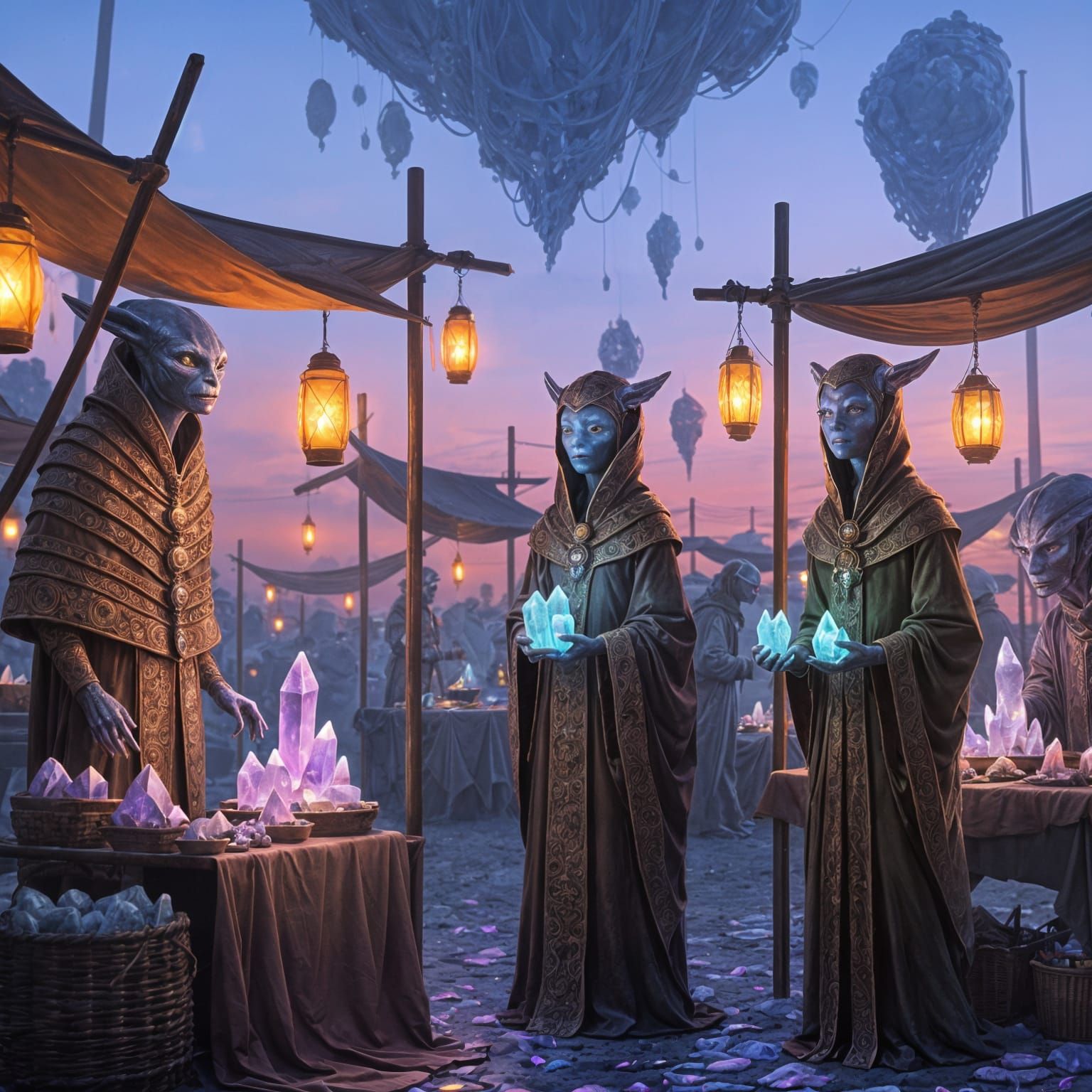 Alien Creatures Bartering for Crystals at Dusk