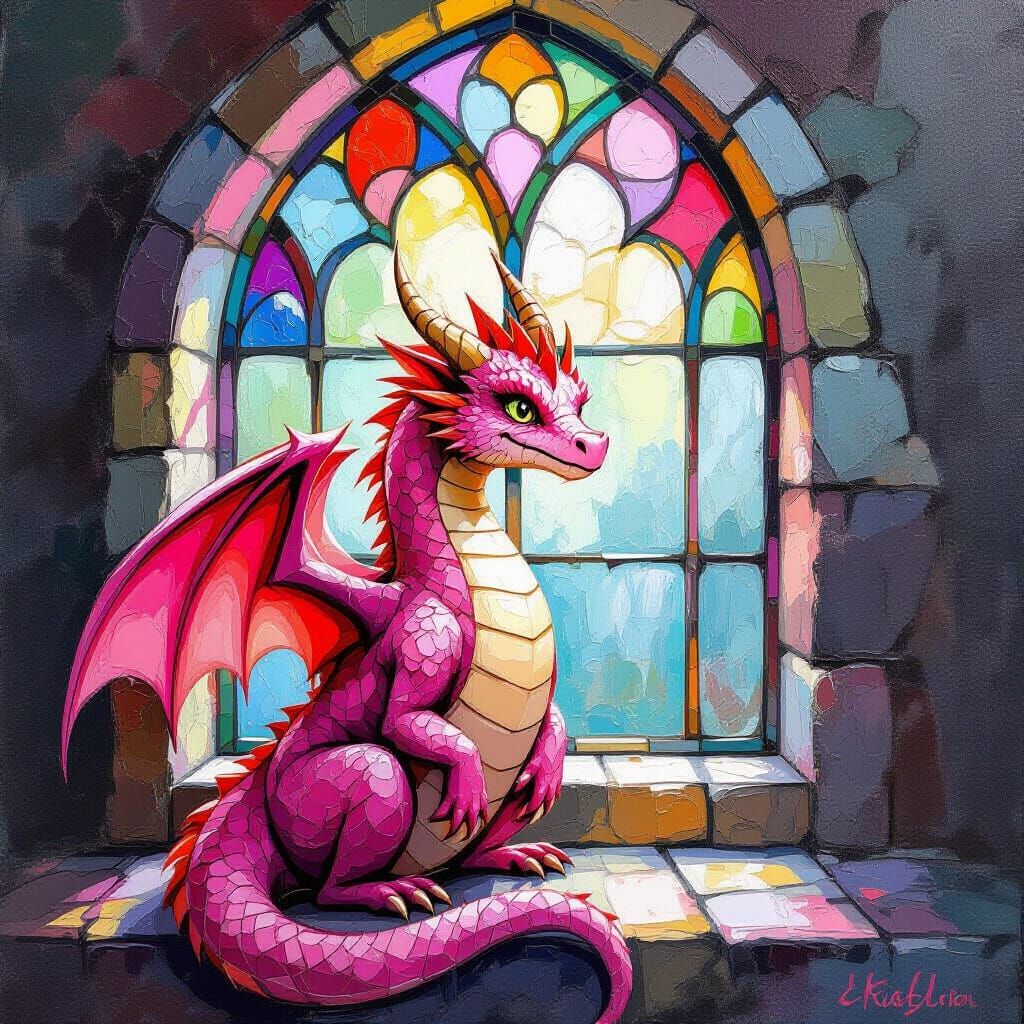 Pink Dragon Before Stained Glass Window in Watercolor Style