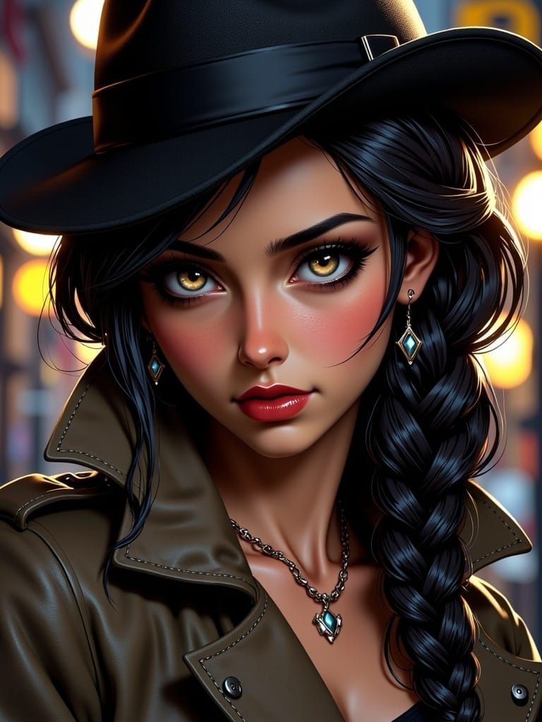 Anime-Style Noir Woman in Trench Coat
