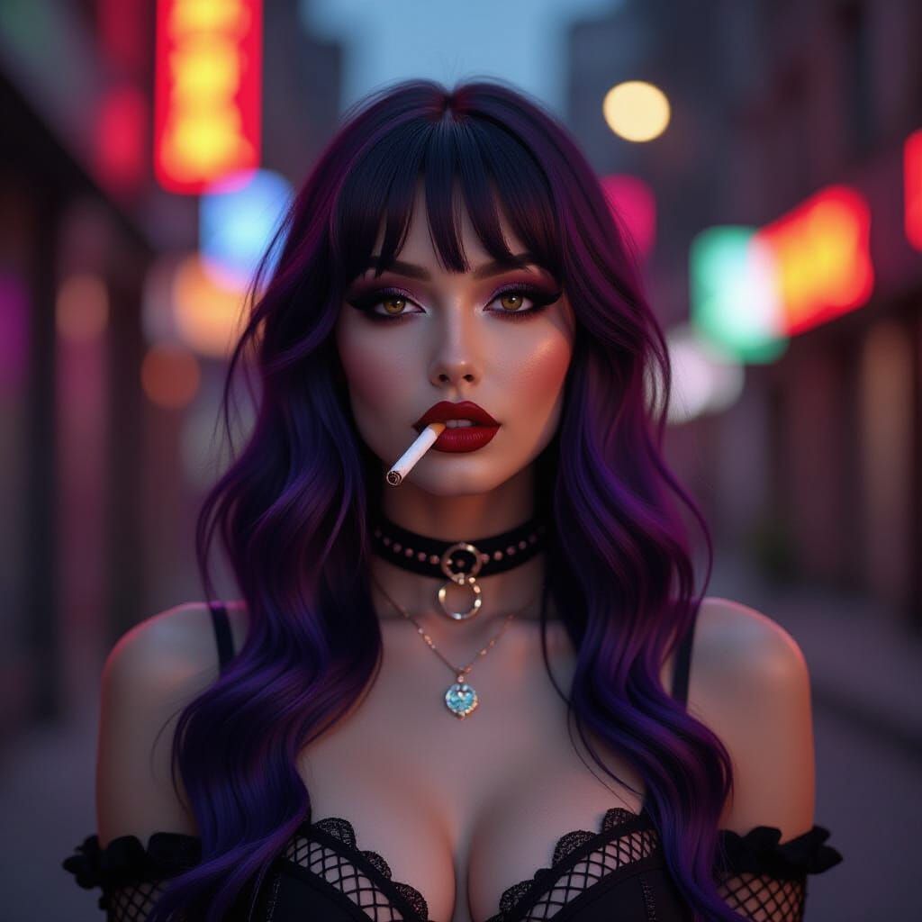 Gothic Woman with Purple Hair in Cityscape