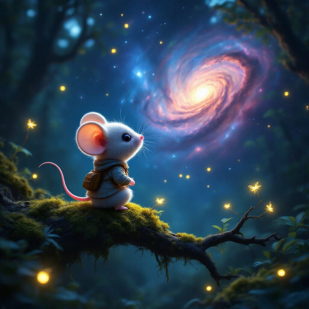 Bioluminescent Chibi Mouse Gazing at Nebula in Cosmic Forest