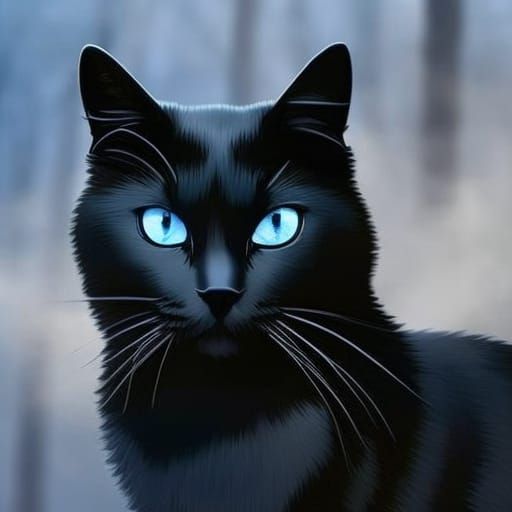 Detailed Black Cat in Forest at Night