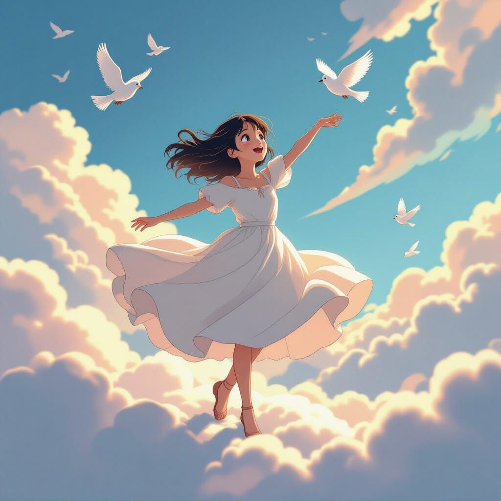 Girl Dancing on Cloud in Ghibli Fantasy Style