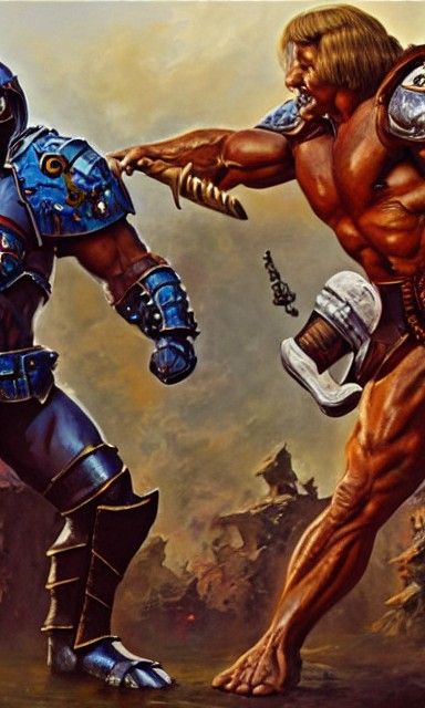 He-Man Battle: Schwarzenegger and Selleck as Oil Painting