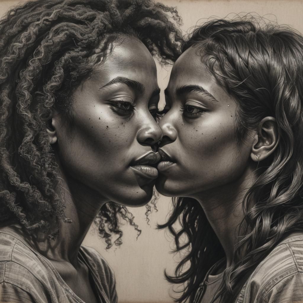 Intimate Charcoal Drawing of Two Girls Kissing