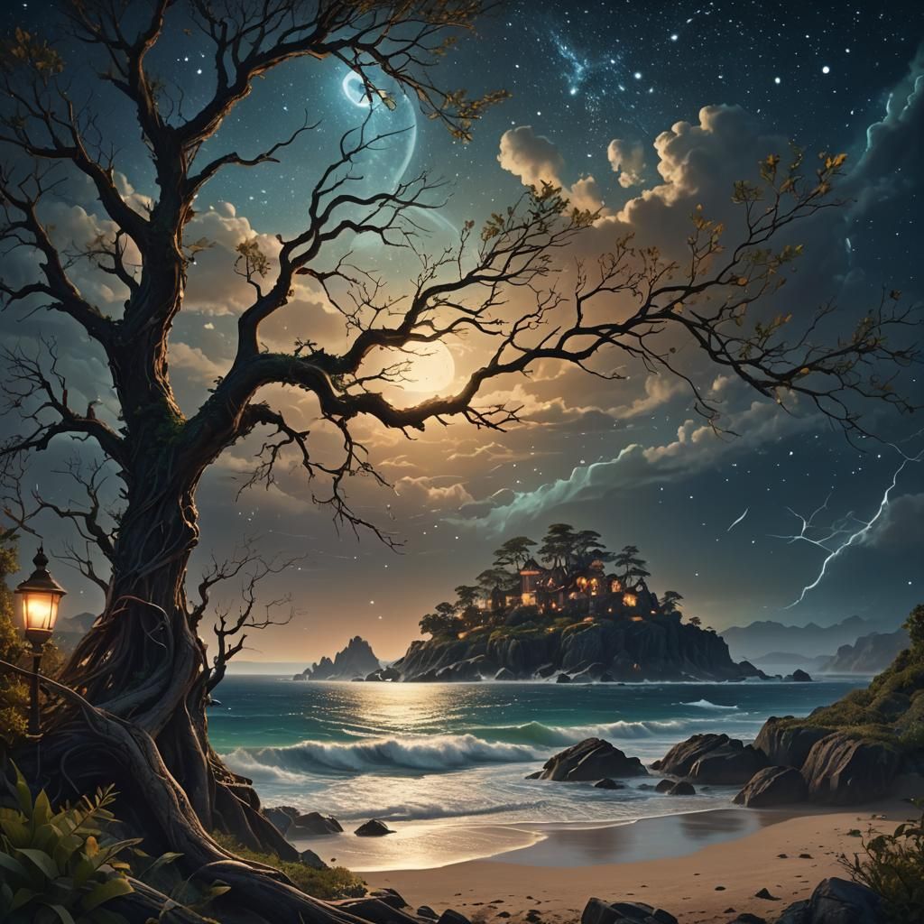 Fantastical Night Scene with Whispering Secrets