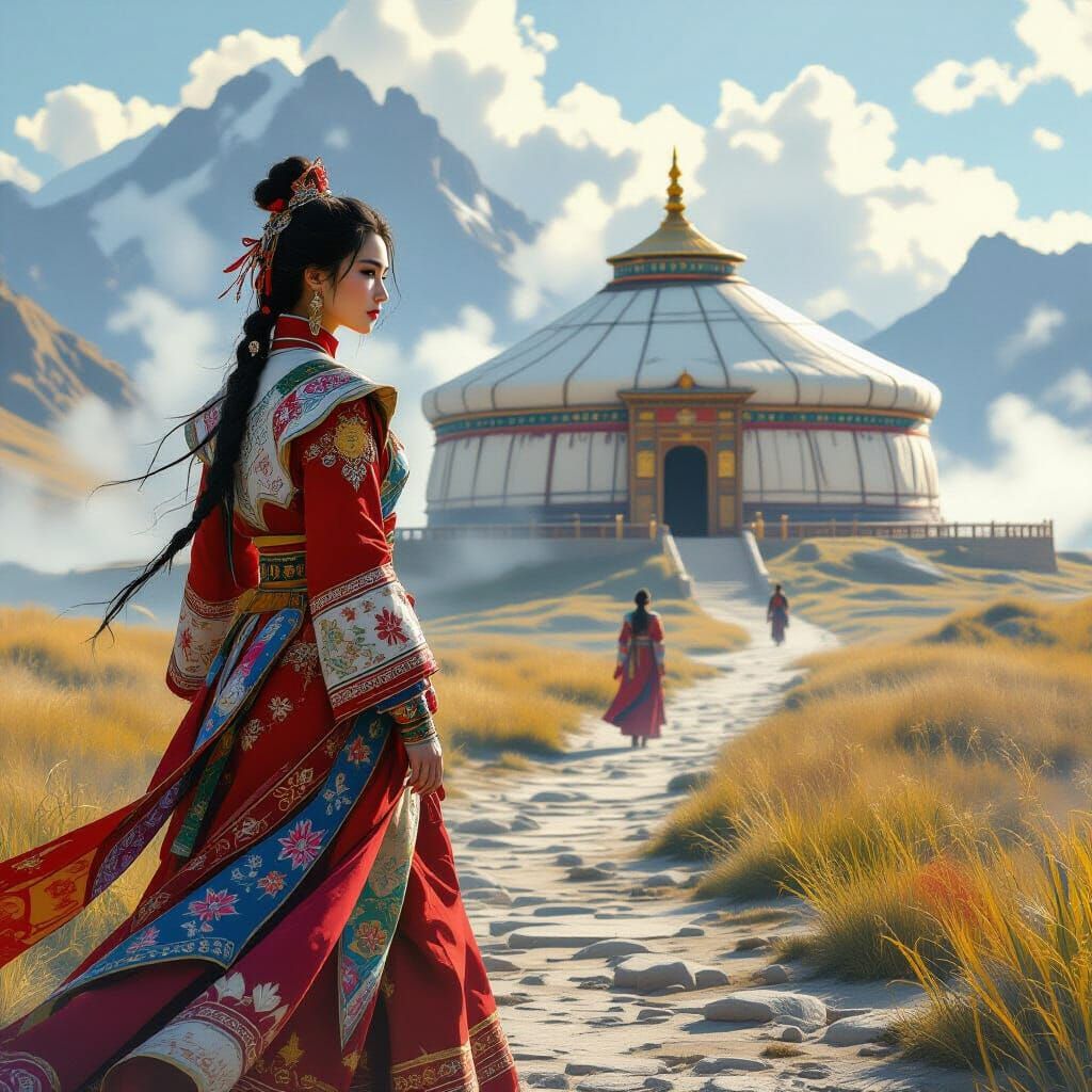 Mongolian Princess in Mist Near Yurt Palace