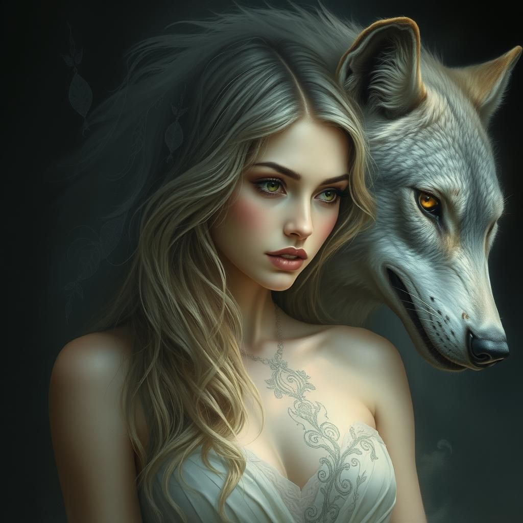 Mystical Woman's Ethereal Transformation into Wolf
