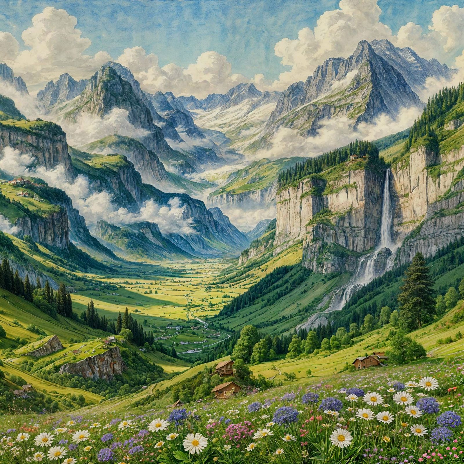 Swiss Alps Watercolor Landscape with Flowers and Waterfalls