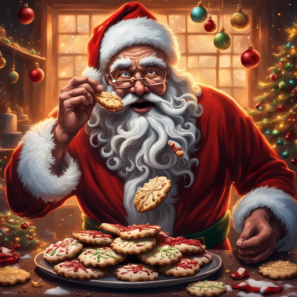 Cartoon Santa Claus Cookie Feast: Hyperrealistic Splash Art
