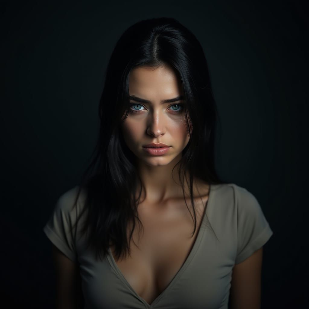 Annoyed Woman with Sea-Blue Eyes in Dramatic Studio Light